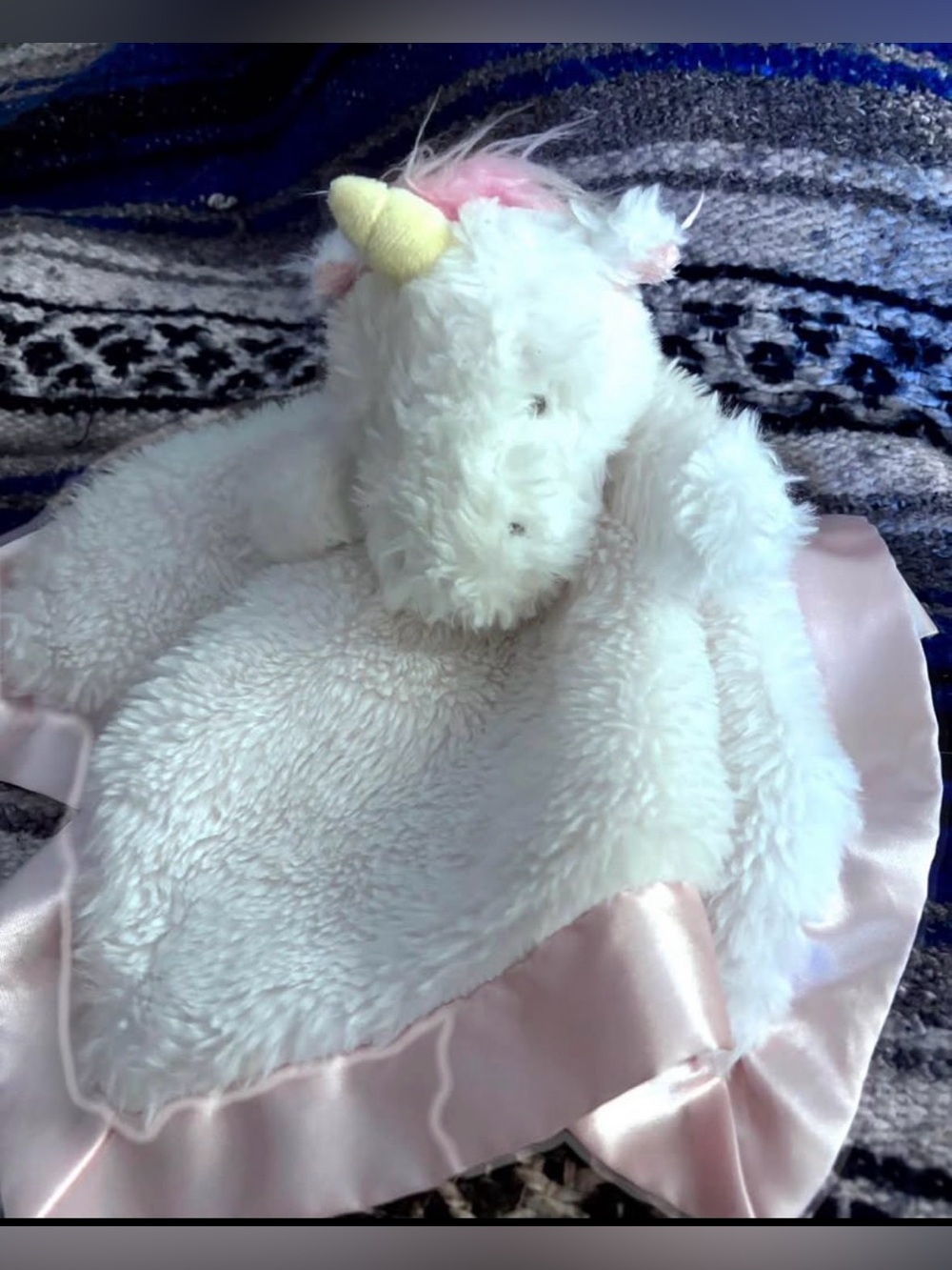 cloud island White Unicorn Lovey with Pink Satin Trim and Yellow Horn